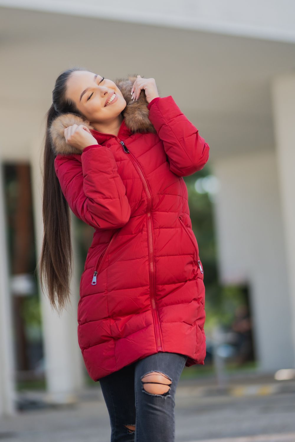 Winterjacke mit abnehmbarem Fellimitat Schokoladenbraun