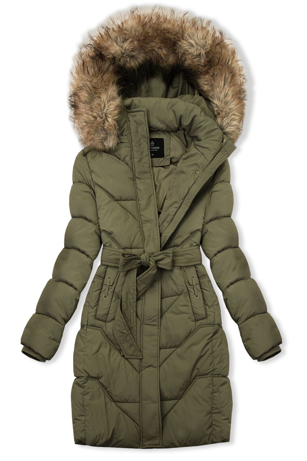 Elegante Winterjacke mit Kunstfell, Khaki