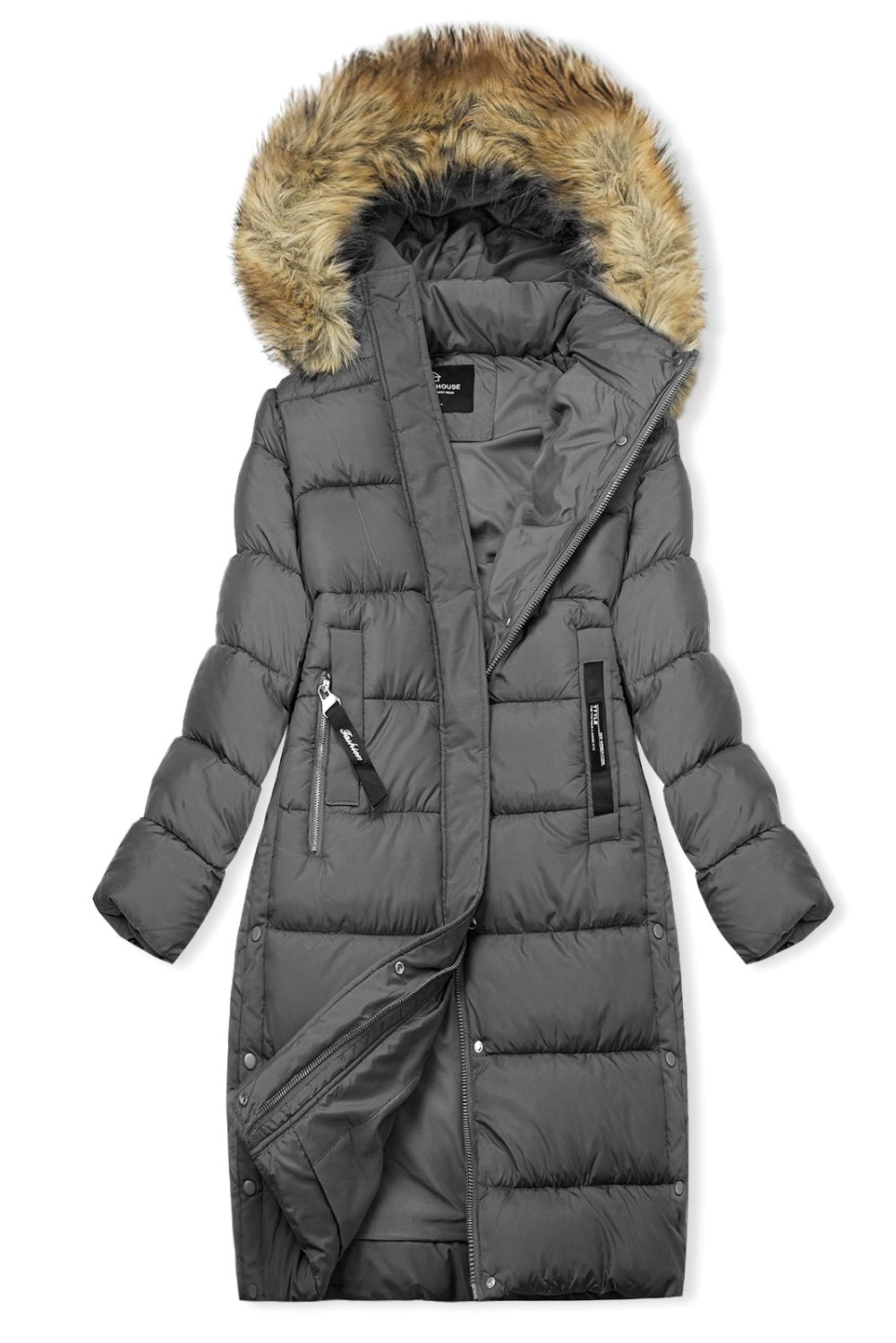 Lange Winterjacke mit Kunstpelz Grau