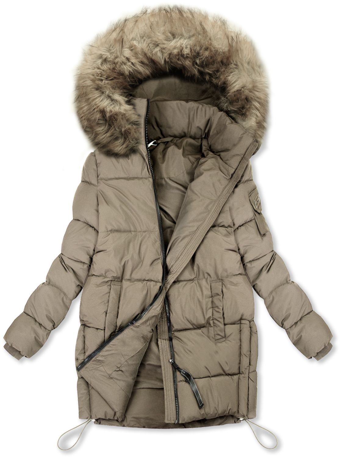 Dunkelbeige Steppjacke mit Kunstpelz