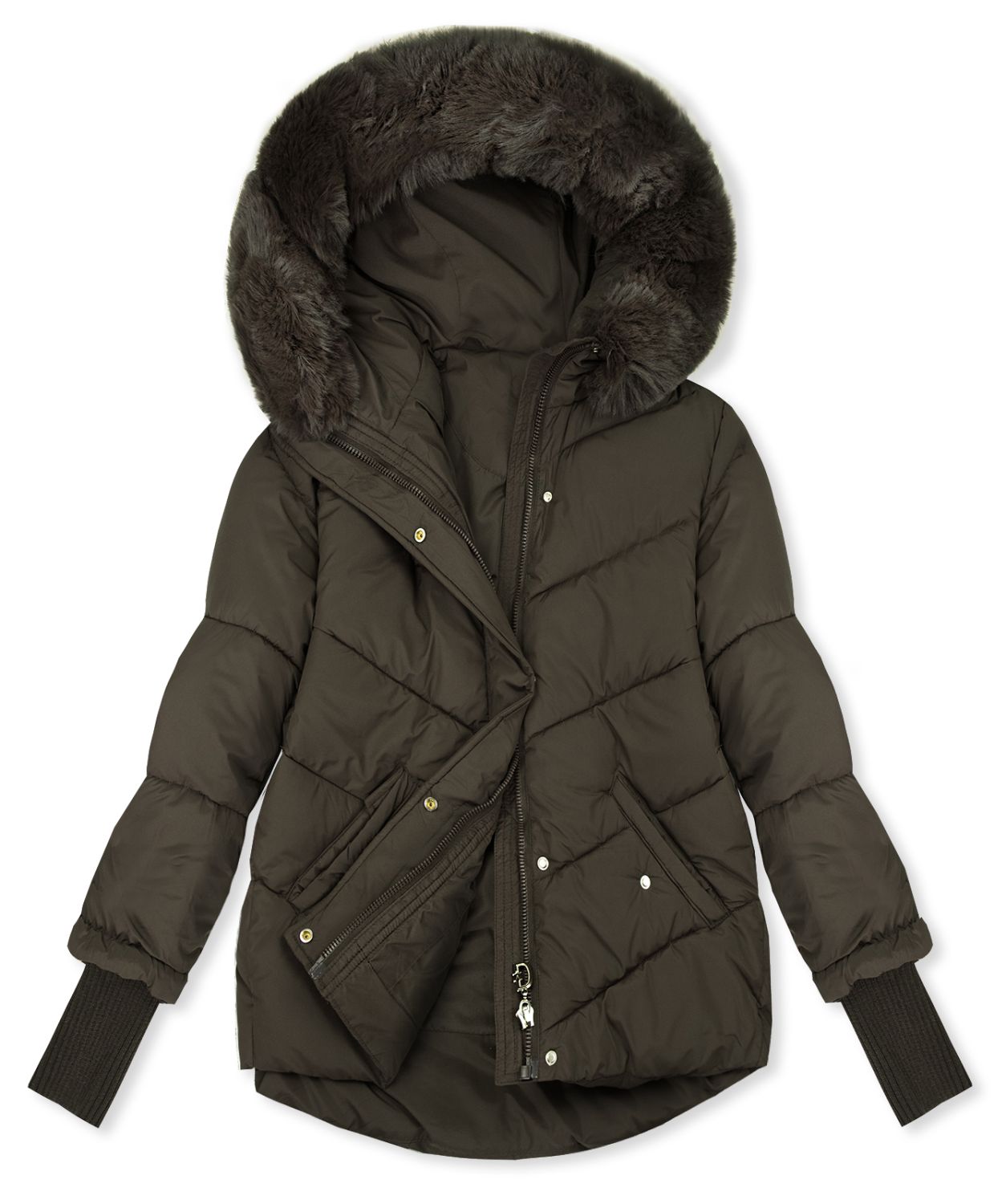 Damen-Steppjacke für den Winter mit Fell – Braun
