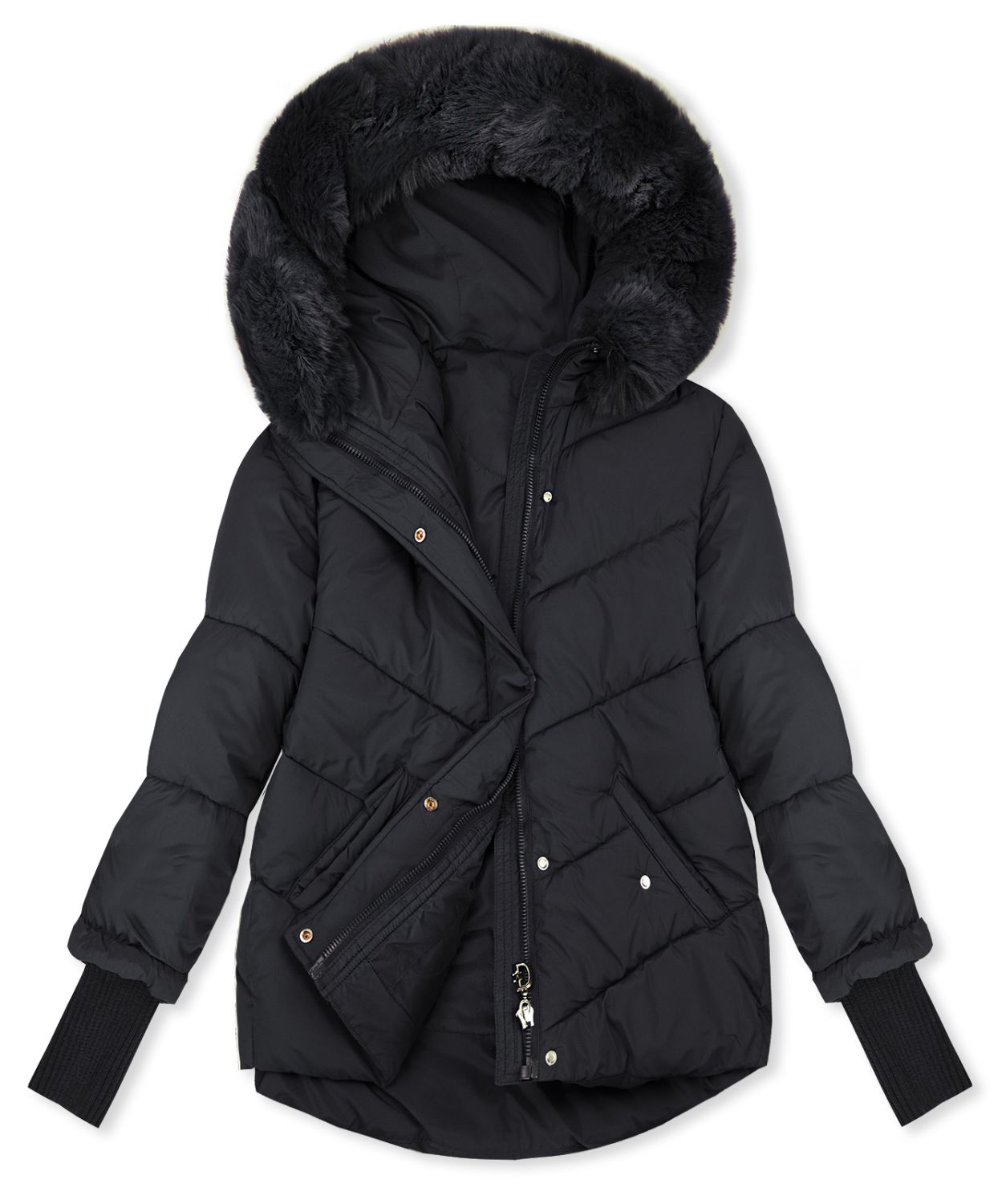 Damen-Steppjacke für den Winter mit Fell – Dunkelblau