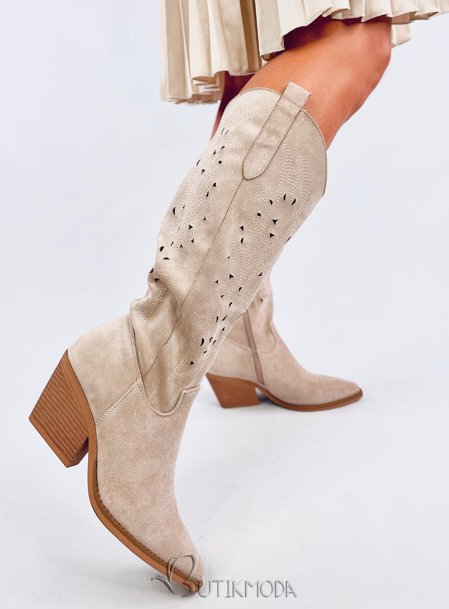 Wildlederstiefel im Cowboy-Stil, Hellbeige