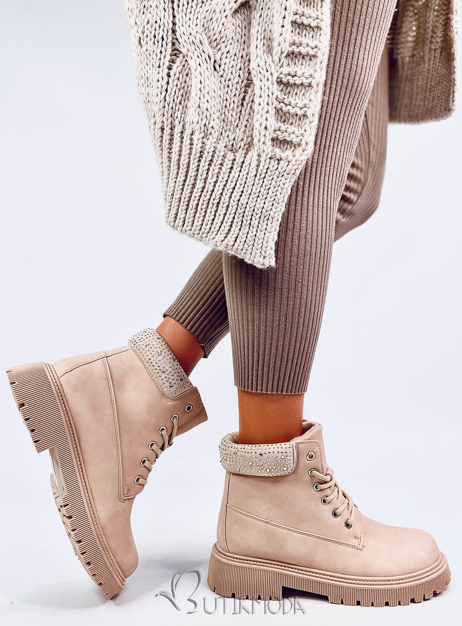 Beige Schnürstiefel mit Strasssteinen verziert