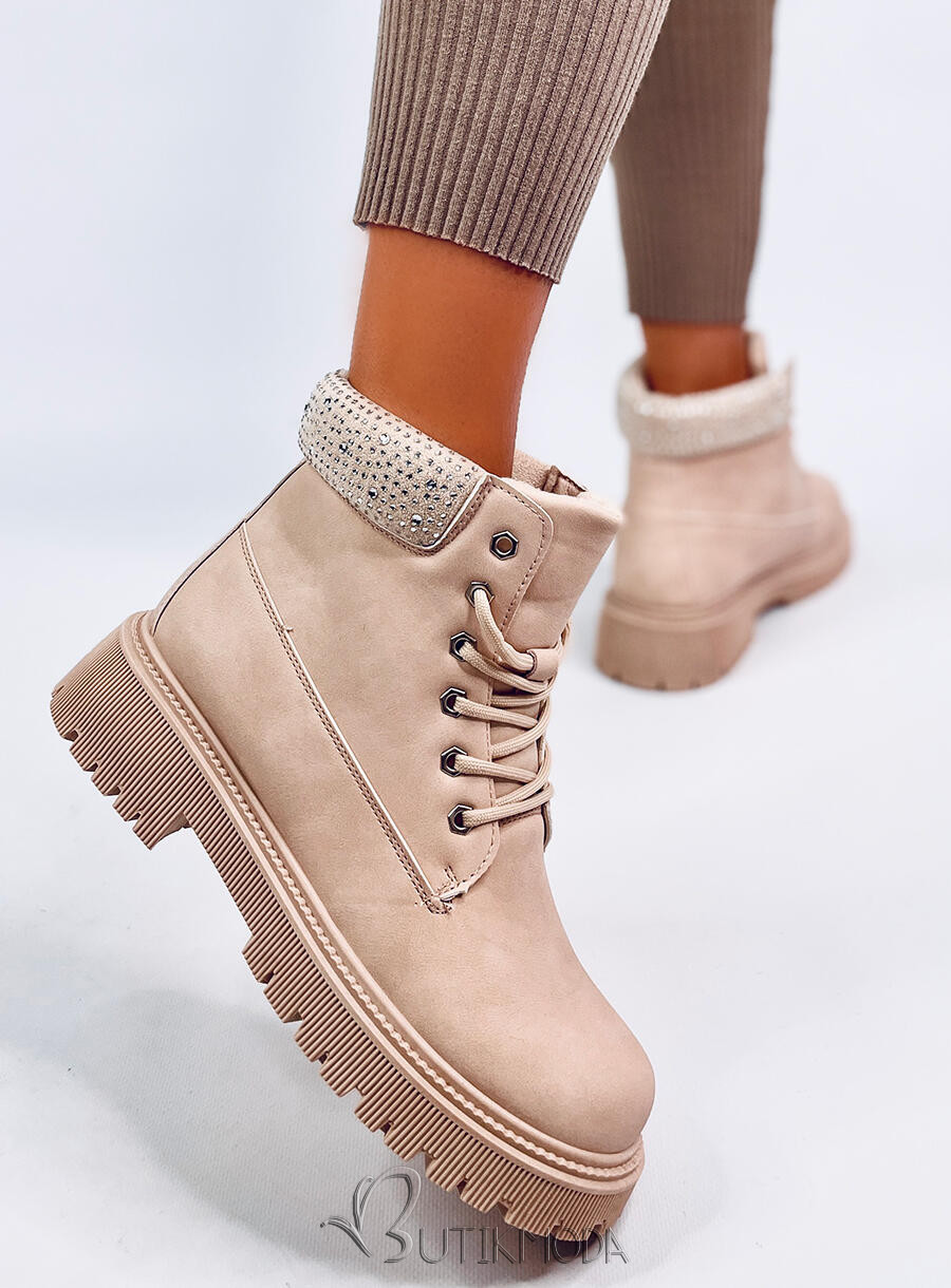 Beige Schnürstiefel mit Strasssteinen verziert