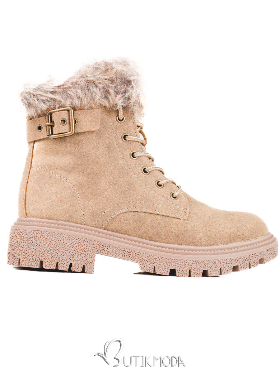 Beige Schnürstiefel mit Kunstfell