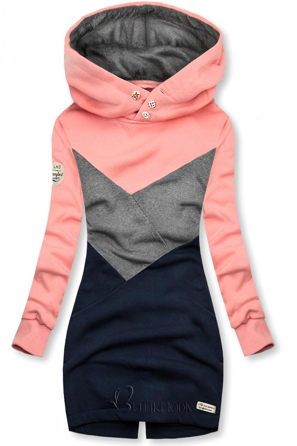 Verlängerte Sweatshirt mit Kapuze rosa/grau/blau