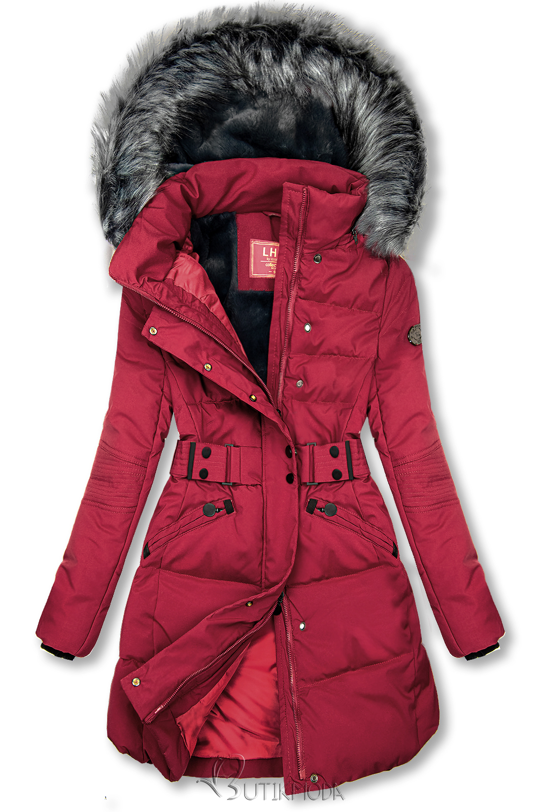 Gesteppte Winterjacke mit Gürtel Weinrot