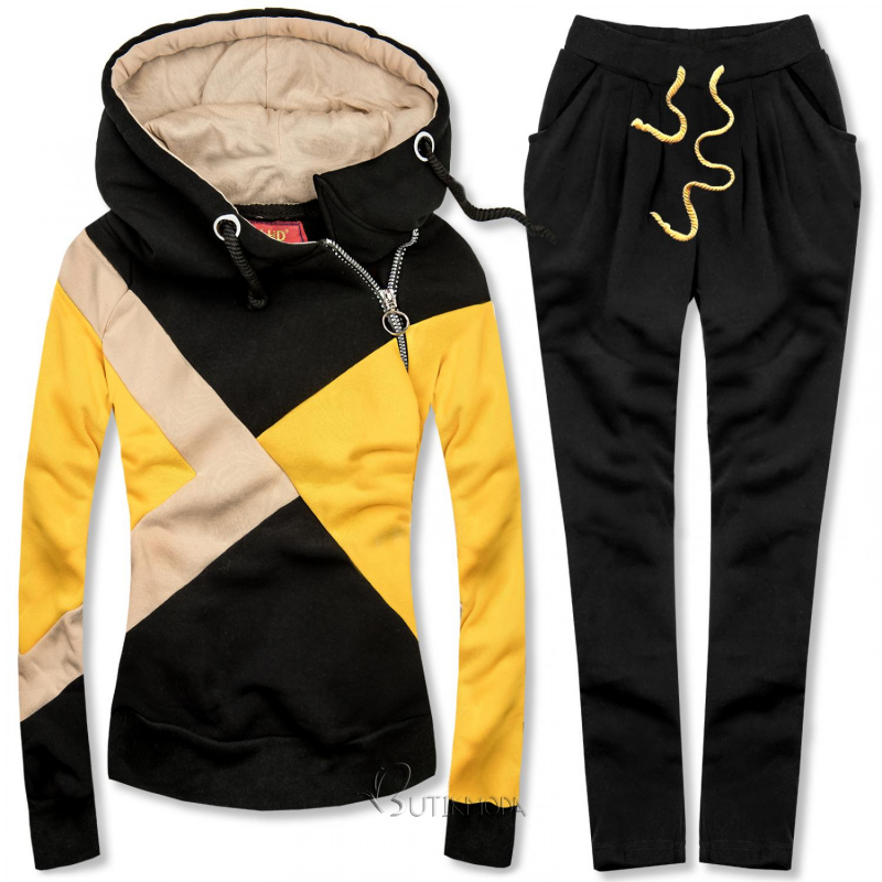 Dreifarbiger Trainingsanzug schwarz / gelb / beige