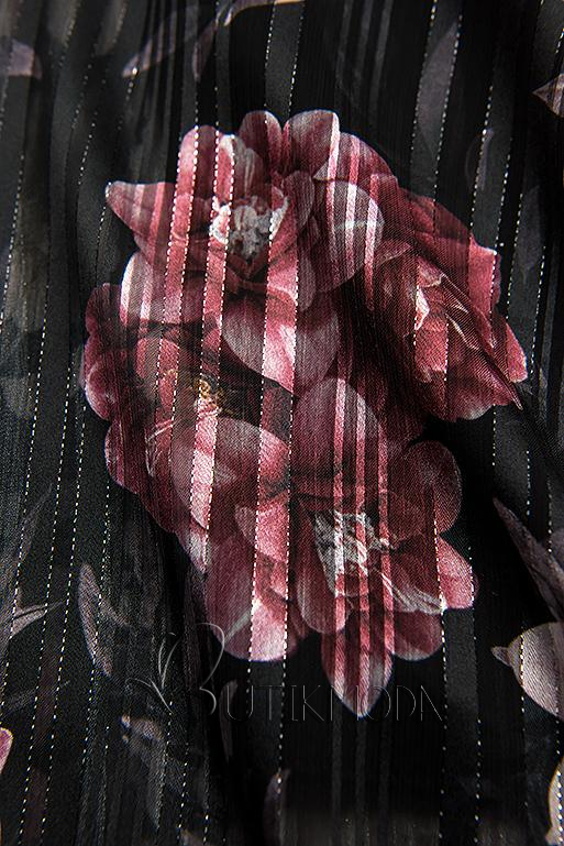 Schwarzes Blumenkleid mit Band in der Taille