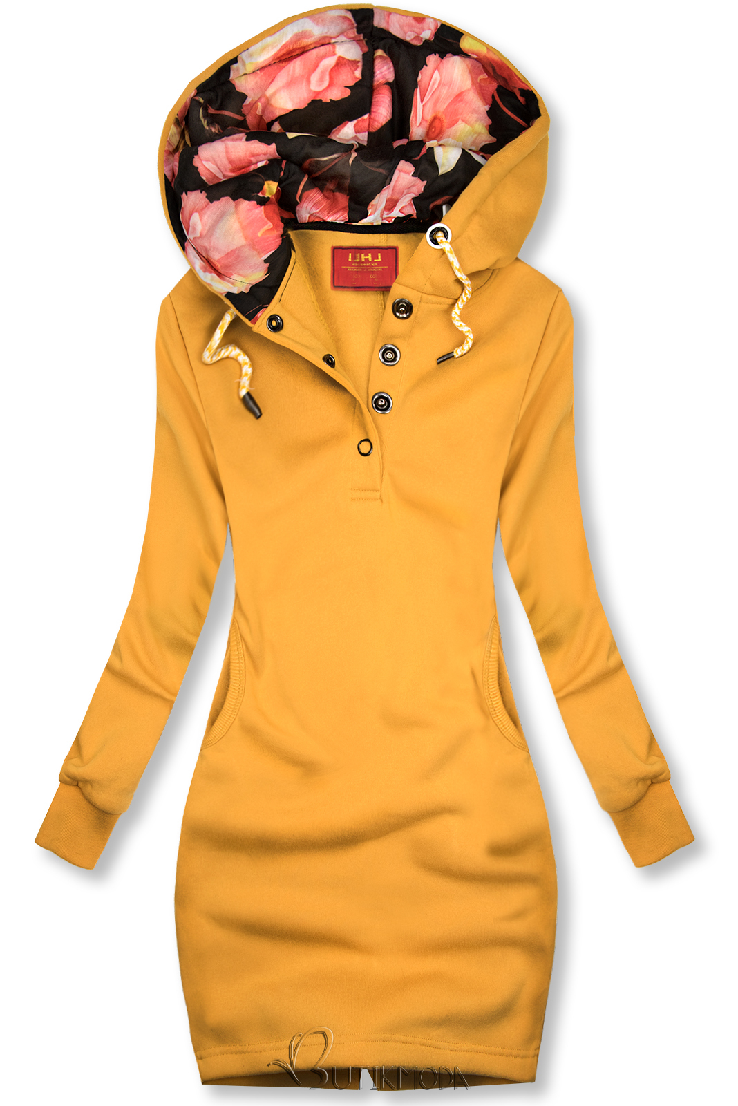 Sweatshirt/Sweatkleid mit Kapuze und Rippbündchen gelb