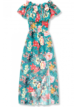 Langes Kleid mit Blumenprint türkis