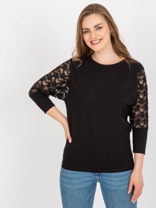 Schwarze Bluse mit Spitze und 3/4-Ärmeln Hawana RUE PARIS