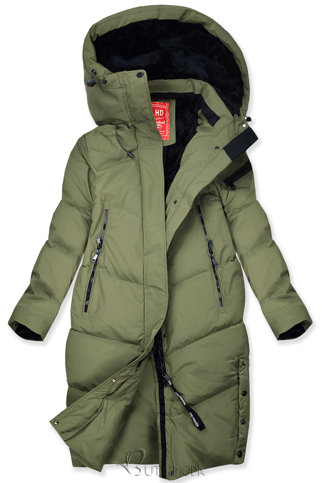 Extra warme lange Winterjacke mit Plüsch Khaki