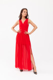 Langes rotes Kleid mit Wickelausschnitt und Rückenschnürung