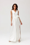 Satiniertes Maxi-Kleid mit Zierrose in Ecru