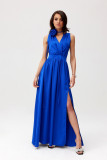 Satin-Maxikleid mit dekorativer Rose, kornblumenblau
