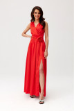Satin-Maxikleid mit dekorativer Rose, rot