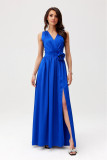 Satin-Maxikleid mit dekorativer Rose, kornblumenblau