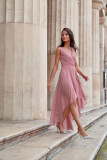 Asymmetrisches Kleid mit Wickelausschnitt in dunklem Rosa