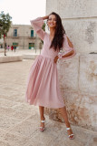 Rosa ausgestelltes Kleid mit Wickelausschnitt und langen Ärmeln