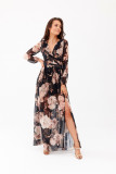 Langes gemustertes Kleid mit Rückenschnürung – Schwarz