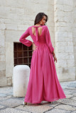 Chiffon-Maxikleid mit langen Ärmeln und Rückenschnürung, amaranthfarben