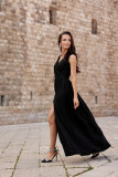 Maxi-Brokatkleid mit Rückenschnürung – Schwarz