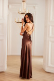 Satiniertes Maxi-Kleid mit Rückenschnürung, braun