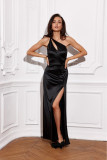 Langes Kleid mit Trägern und asymmetrischem Ausschnitt, schwarz