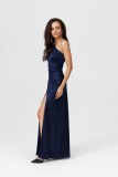 Langes Kleid mit Trägern und asymmetrischem Ausschnitt, dunkelblau
