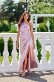 Satiniertes Maxi-Kleid mit einem Schulterträger in Rosa