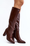 Braune kniehohe Stiefel mit Blockabsatz aus Kunstleder