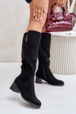 Schwarze Stiefel aus Öko-Veloursleder mit Blockabsatz bis zum Knie