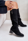 Schwarze Stiefel aus Öko-Veloursleder mit Blockabsatz bis zum Knie
