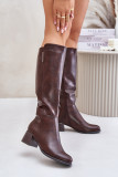 Braune Stiefel mit Blockabsatz aus Kunstleder bis zum Knie