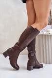 Braune Stiefel mit Blockabsatz aus Kunstleder bis zum Knie