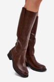 Braune Overknee-Stiefel aus Kunstleder mit niedrigem Blockabsatz