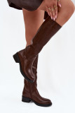 Braune Overknee-Stiefel aus Kunstleder mit niedrigem Blockabsatz