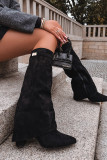 Schwarze Overknee-Stiefel aus Velourslederimitat mit Blockabsatz und umgeschlagenem Schaft