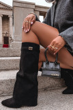 Schwarze Overknee-Stiefel aus Velourslederimitat mit Blockabsatz und umgeschlagenem Schaft