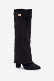 Schwarze Overknee-Stiefel aus Velourslederimitat mit Blockabsatz und umgeschlagenem Schaft