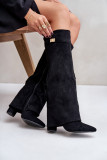 Schwarze Overknee-Stiefel aus Velourslederimitat mit Blockabsatz und umgeschlagenem Schaft