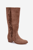Cowboy-Stiefelette aus Velourslederimitat mit Absatz und Fransen, gefüttert, beige