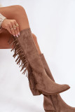 Cowboy-Stiefelette aus Velourslederimitat mit Absatz und Fransen, gefüttert, beige