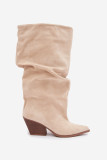 Beige Stiefel aus Veloursleder mit gerafftem Schaft und Absatz