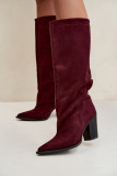 Bordeauxfarbene Overknee-Stiefel aus Veloursleder mit Blockabsatz