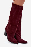 Bordeauxfarbene Overknee-Stiefel aus Veloursleder mit Blockabsatz