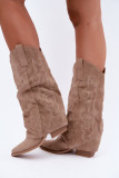 Beige Western-Stiefelette mit umgeschlagenem Schaft und Blockabsatz