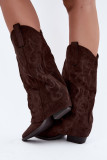 Braune Cowboy-Stiefel aus Velourslederimitat mit umgeschlagenem Schaft und Blockabsatz